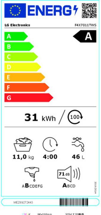 Energie-Label LG Waschmaschine F4X7011TWS 1400 rpm 11 Kg (11 kg)