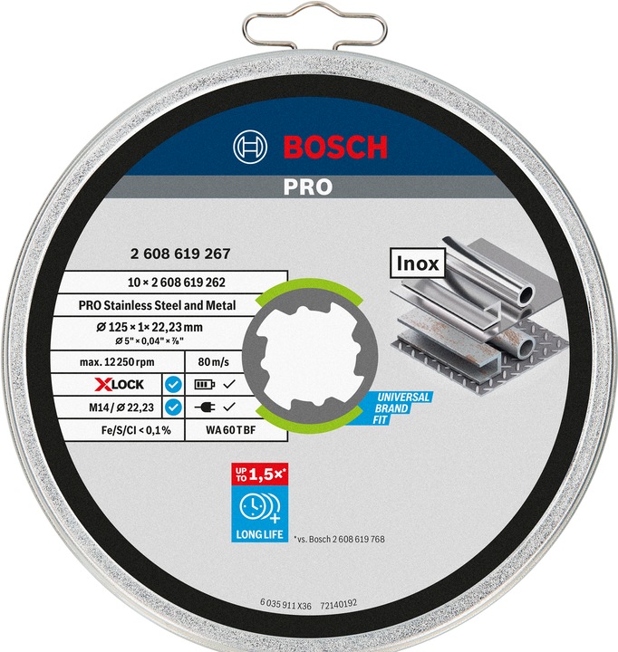 Immagine prodotto Bosch Professional Zubehör Disco da taglio PRO X-Lock in acciaio inox e metallo, 125 x 1 x 22,23 mm