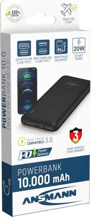Produktbild Ansmann Powerbank 10.000 mAh PB320PD USB-C Ein/Ausg (10000 mAh, 20 W, 37 Wh)