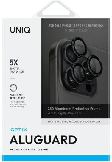 Produktbild Uniq Optix Aluminium Camera Lens Protector iPhone 16 Pro 6.3" / 16 Pro Max 6.9" midnight black szkło (1 Stück, Apple iPhone 16 Pro Max, Apple iPhone 16 Pro)