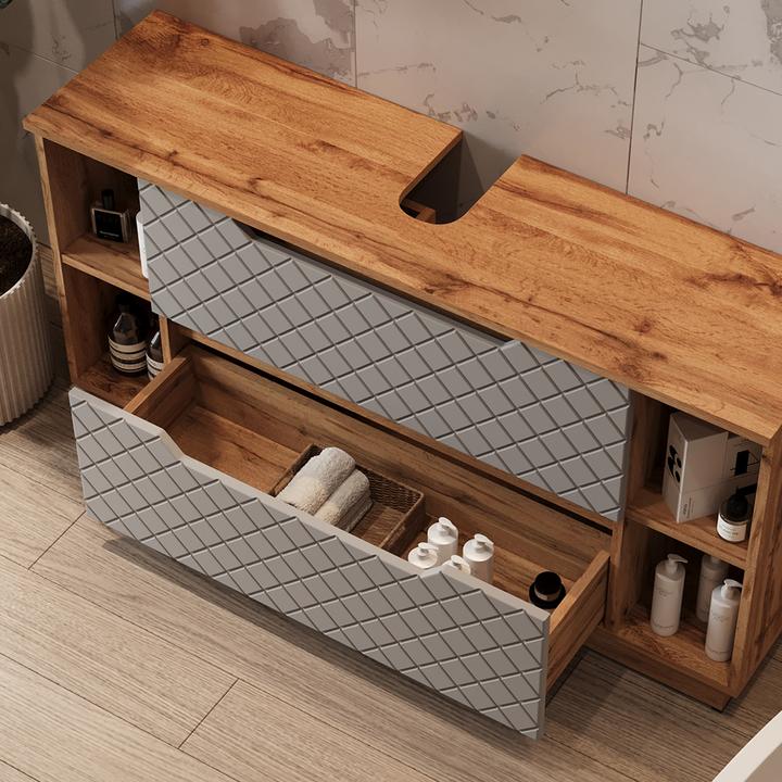 Actual product image Vicco Waschbeckenunterschrank Lotta, Eiche/Grau mit Kachelstruktur, 119.2 x 62.5 cm mit 2 Schubladen (119.20 x 32 x 62.50 cm)
