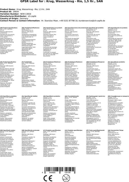 Produktbild Ich-zapfe Krug, Wasserkrug Rio, 1,5 ltr., SAN (1.50 l)