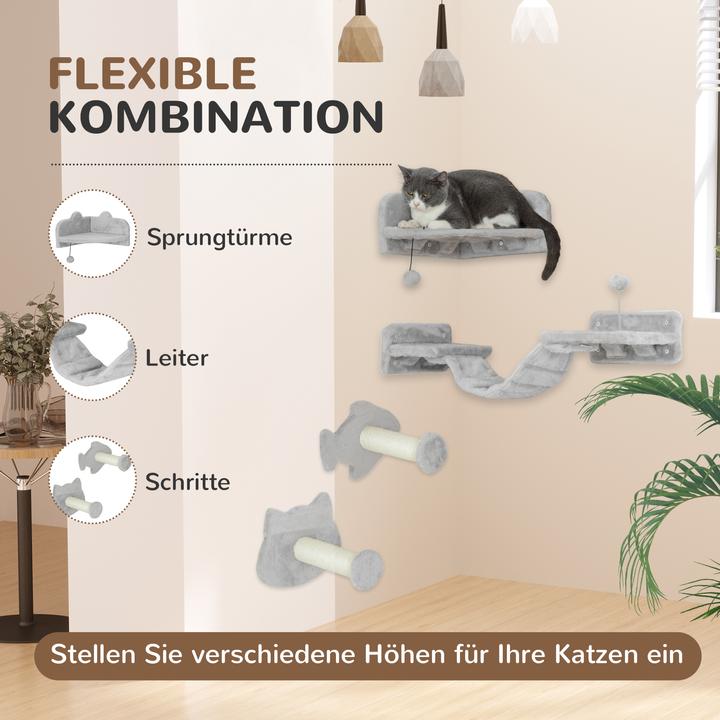 Produktbild PawHut Katzen Kletterwand Set Spanplatte, Plüsch Hellgrau (Hellgrau)