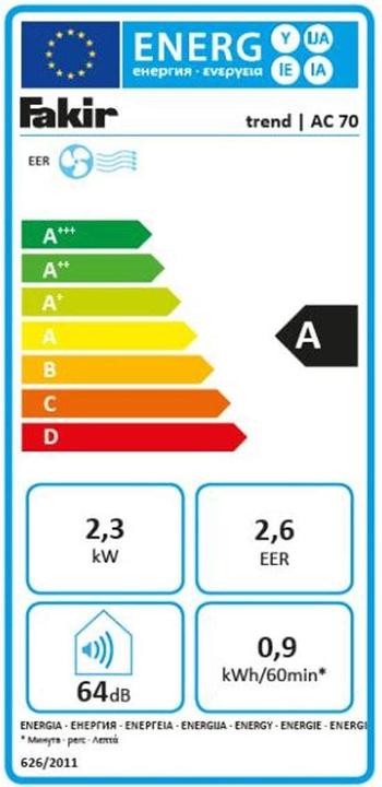 Etichetta energetica Fakir AC 70 64 dB (25 m², 7000 BTU/h)