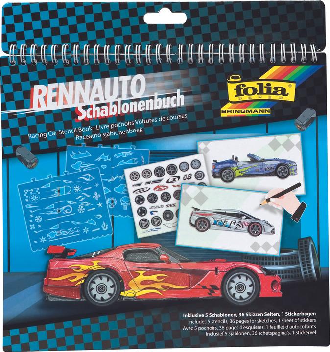 Image du produit Folia Bringmann 41202 - Livre de pochoirs voiture de course, bloc de 36 coloriages, 5 pochoirs et 1