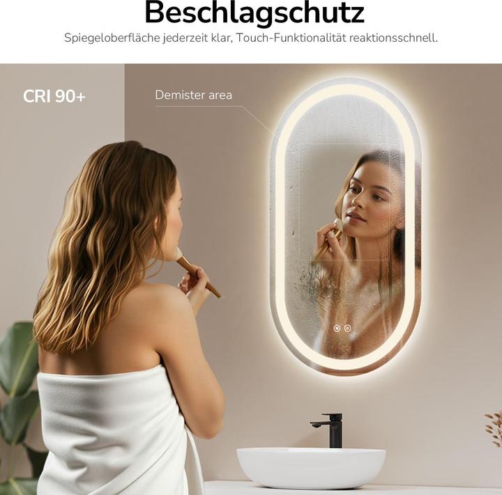 Produktbild Emke Badspiegel mit Beleuchtung 50*90cm,Beschlagfrei, 3 Farbtemperaturen(3000K-6500K) und dimmbaren (50 x 90 cm)