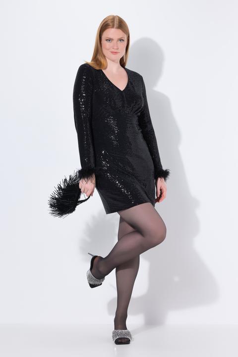 Image du produit Ulla Popken Robe bodycon à paillettes, manches longues avec plumes fantaisie (44)
