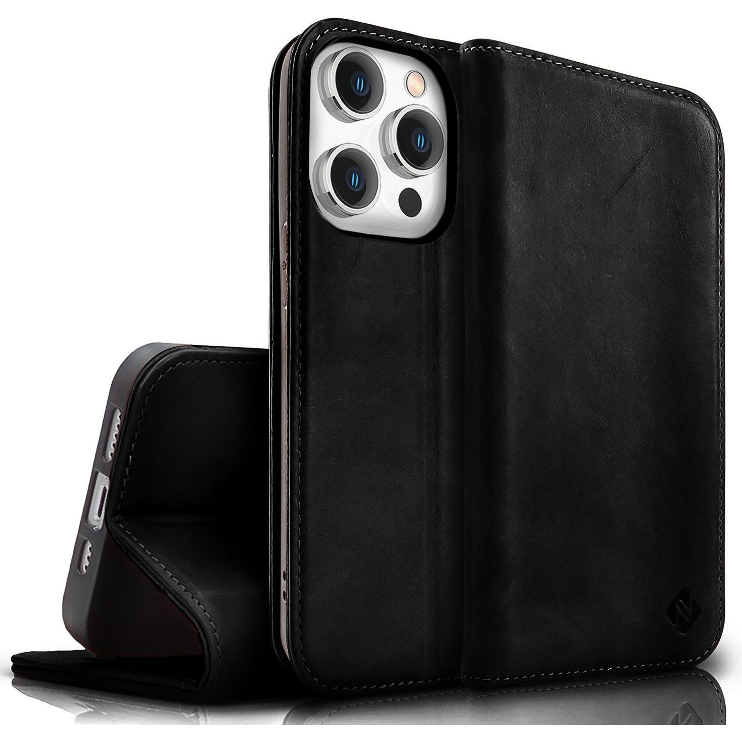 Thumbnail - Nalia Echt Leder Flip Case Hülle mit Magnetverschluss (Apple iPhone 15 Pro), Smartphone Hülle, Schwarz