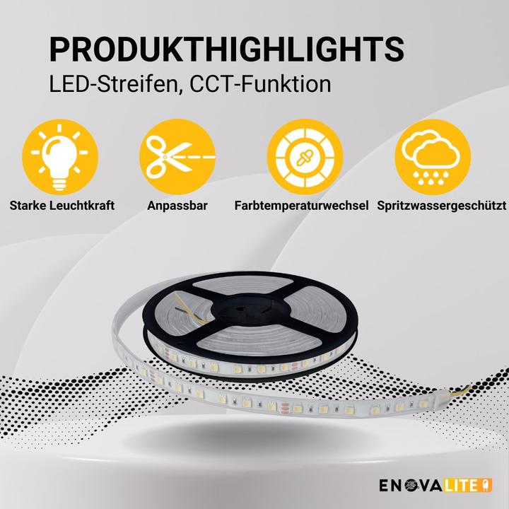 Produktbild Enovalite LED-Streifen mit CCT-Funktion, warm-, neutral-, und kaltweisses Licht (Warmweiss, 500 cm, Indoor)