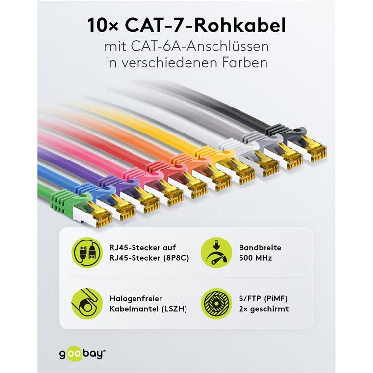 Thumbnail - Goobay RJ45 Patchkabel S/FTP (PiMF) 500 MHz mit CAT 7 Rohkabel 5m verschiedene Farben 10er Pack (S/FTP, CAT7, 5 m), Netz...