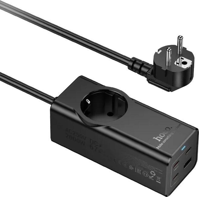 Image du produit Hoco Adapter extension cord 1 socket + USB A + 3 x Type C PD QC3.0 3A 67W NS9 2 m black (67 W, 4 ports)
