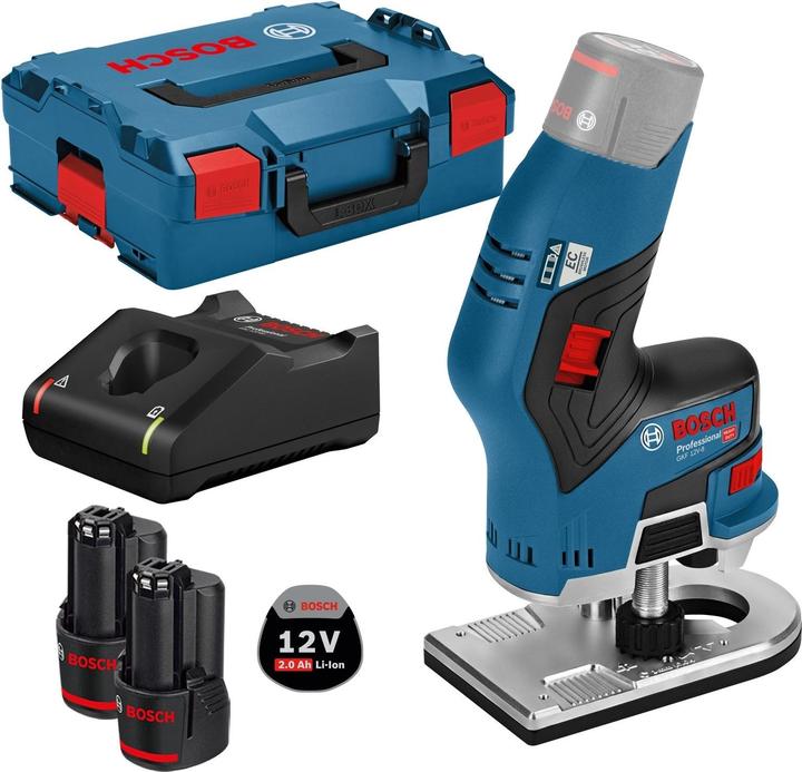 Actual product image Bosch Hausgeräte Bosch Akku-Kantenfräse GKF 12V-8 12 V / 2x 2,0 Ah Akku + Ladegerät inkl. 2x Fräser in L