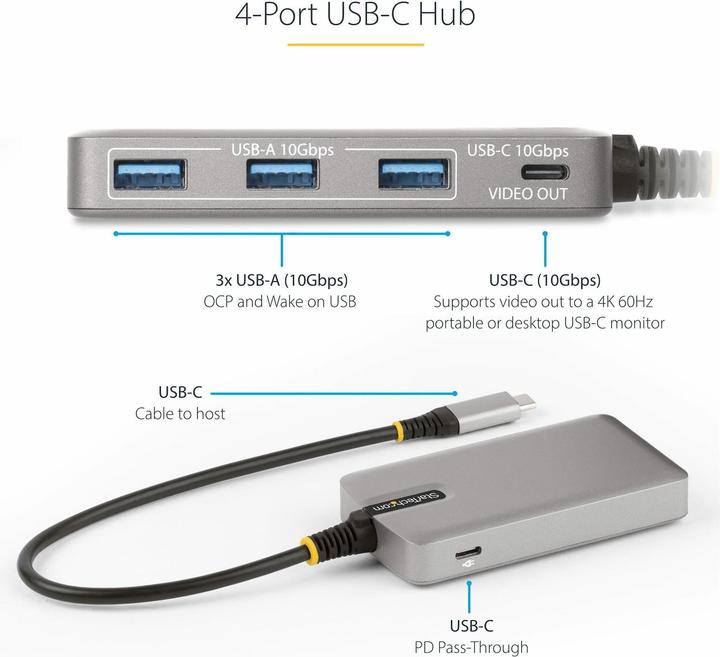 Produktbild StarTech com 4-Port USB-C Hub mit DP Alt Mode Videoausgang 4K 60Hz - USB-C auf 3x USB-A & USB-C, 100 (USB-C, 4 Ports)