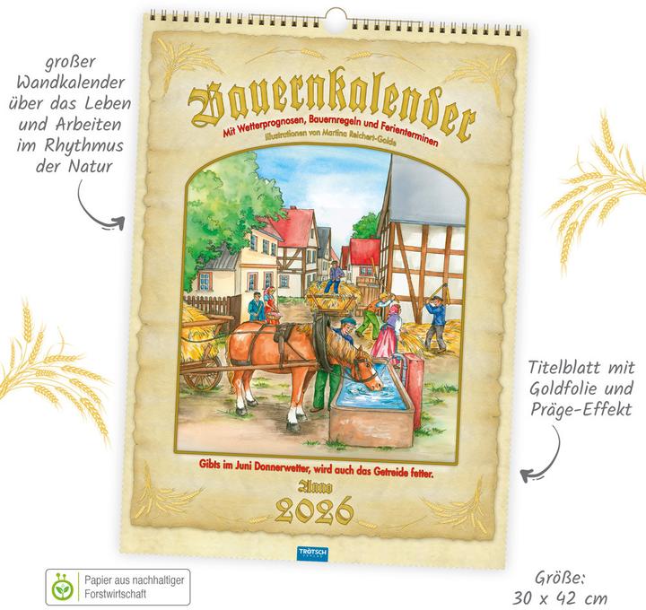 Immagine prodotto Trtsch Grobildkalender Bauernkalender 2026 mit Wetterprognosen Bauernregeln und Ferienterminen (30 x 42 cm)