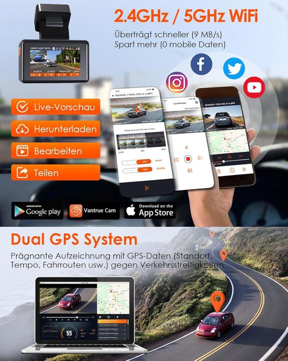 Immagine prodotto Vantrue E2 Dual 1944P Dashcam (Display integrato, Ricevitore GPS, WiFi, 2.7K)