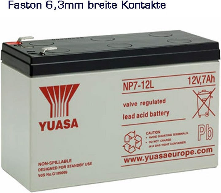 Actual product image Yuasa Battery NP7-12L, with 6.3mm contacts (12 V, 7 Ah)