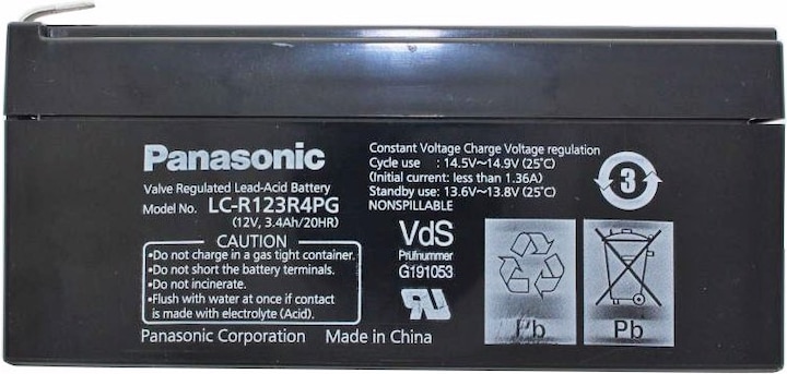 Actual product image Panasonic Battery LC-R123R4PG Battery 12 Volt 3,4Ah with Faston F1 connection 4,8mm plug contacts (12 V)