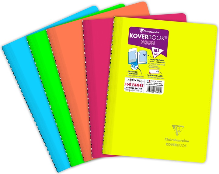 Image du produit Clairefontaine Cahier reliure intégrale enveloppante Koverbook Neon A4 160 pages petits carreaux + marge couverture (A4, Quadrillé, Non contraignant)