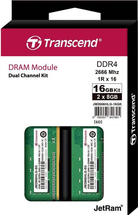Produktbild Transcend JetRAM DDR4 (1 x 16GB, 2666 MHz, DDR4-RAM, DIMM)