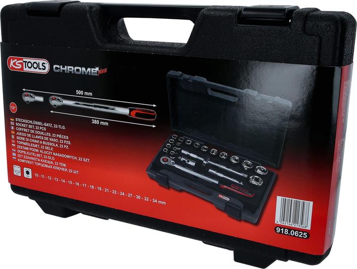Produktbild KS Tools 1/2" CHROMEplus Steckschlüssel-Satz, 22 Teile, Flank Traction (34 mm, 18 mm, 11 mm, 12 mm, 20 mm, 19 mm, 27 mm, 15 mm, 25 mm, 13 mm, 21 mm, 33 mm, 14 mm, 29 mm, 10  mm, 30 mm, 23 mm, 26 mm, 22 mm, 17 mm, 28 mm, 16 mm, 32 mm, 24 mm, 31 mm)