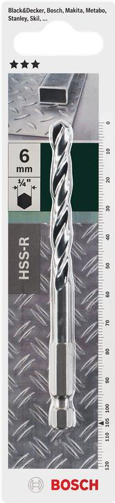 Produktbild Bosch Zubehör Metallspiralbohrer-HSS- R, DIN 338, 1/4"-Sechskantschaft D= 6,0 mm L= 105 mm (6,00 mm)