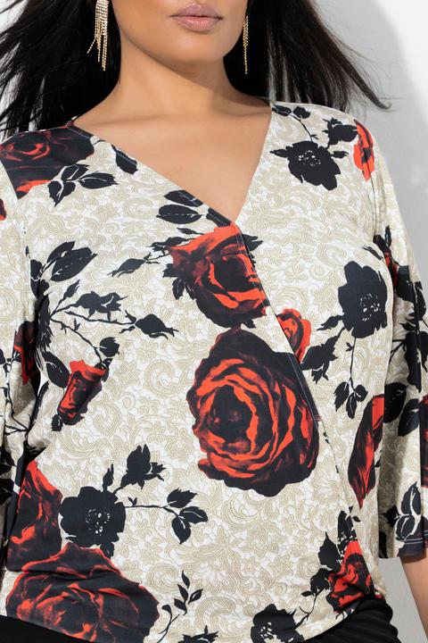 Actual product image Ulla Popken Shirt, Rosen, Wickeloptik, V-Ausschnitt, 3/4-Glockenärmel (60)