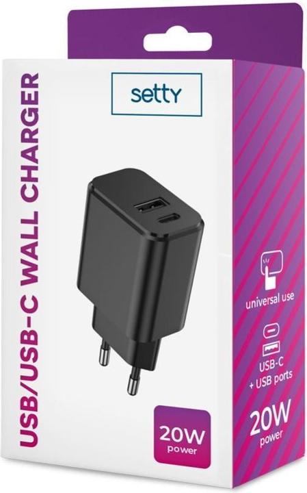 Actual product image Setty charger 1x USB + USB-C 3A 20W black (20 W, 2 ports)