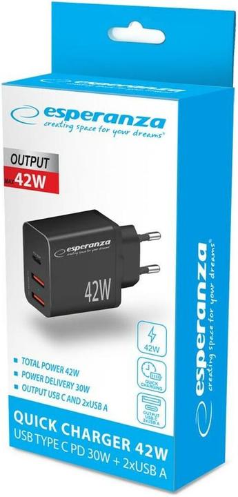 Actual product image Esperanza EZC106K Mains charger 42W Black (42 W, 3 ports)