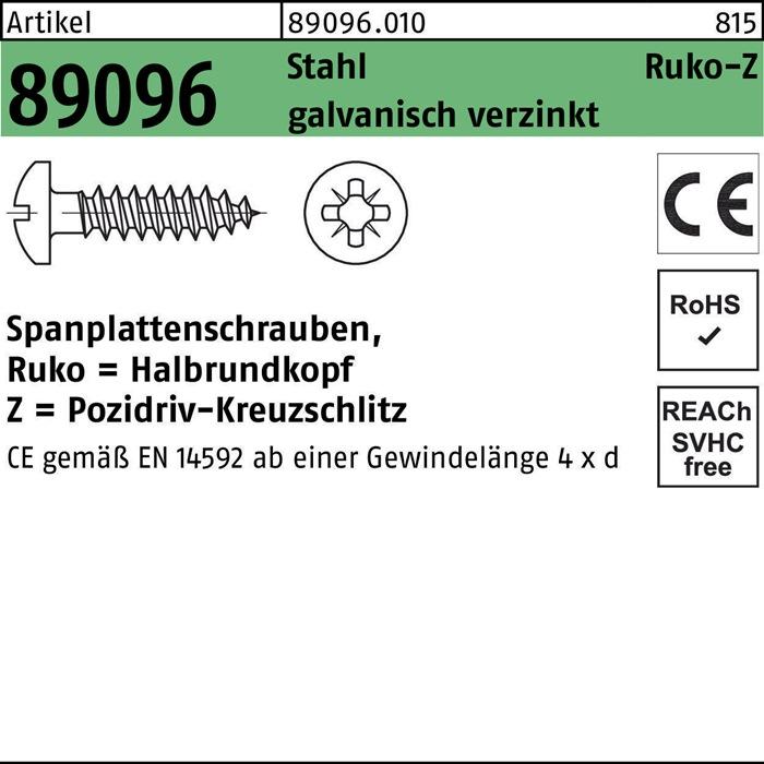 Produktbild Spanplattenschraube R 89096 HAKO Kreuzschlitz-PZ 5 x 25 -Z Stahl galvanisch verzinkt (500 Schrauben pro Stück)