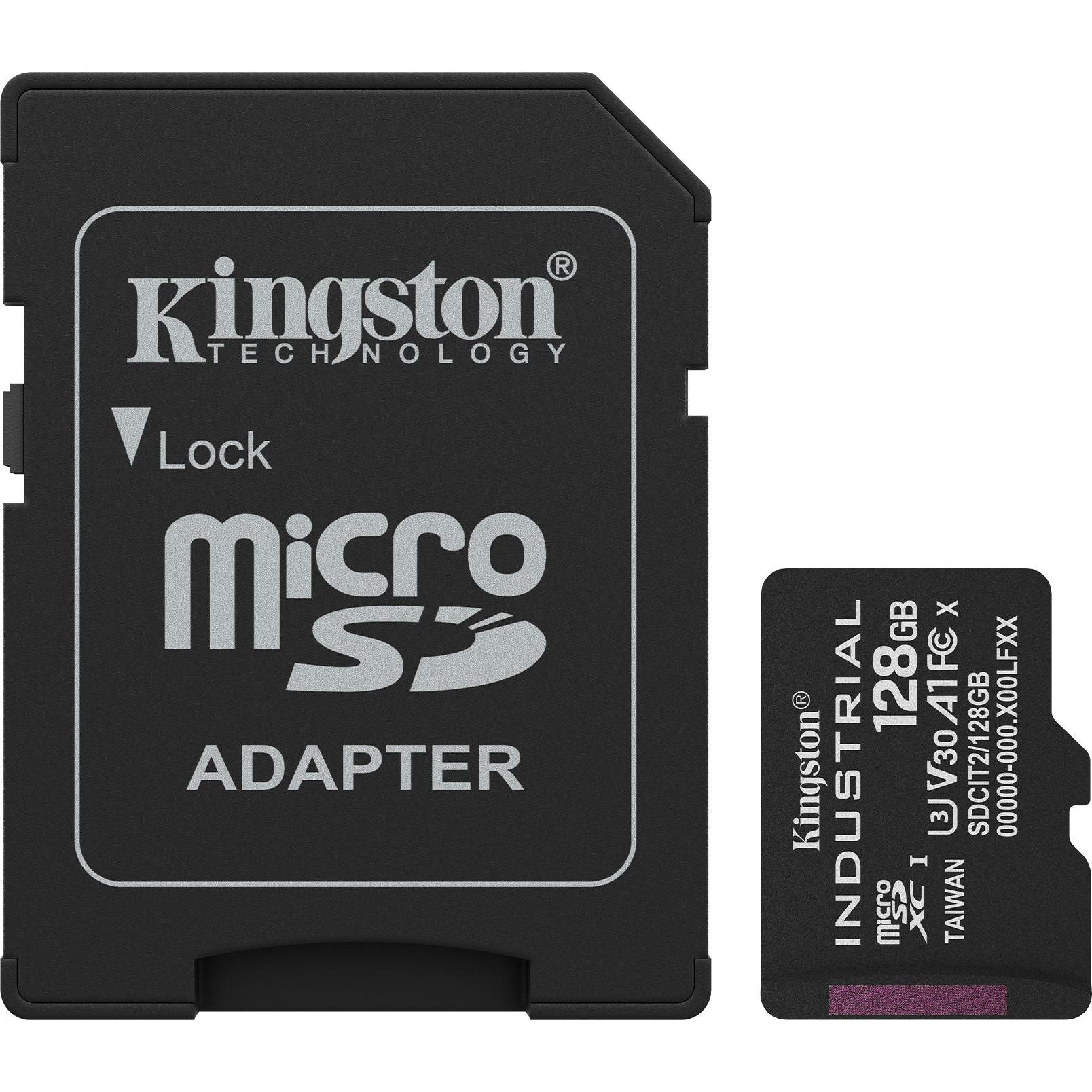 Kingston Card Ind. MicroSD +ADP 128GB pSLC (128 GB, microSDXC, U3, UHS-I), Scheda di memoria, Nero