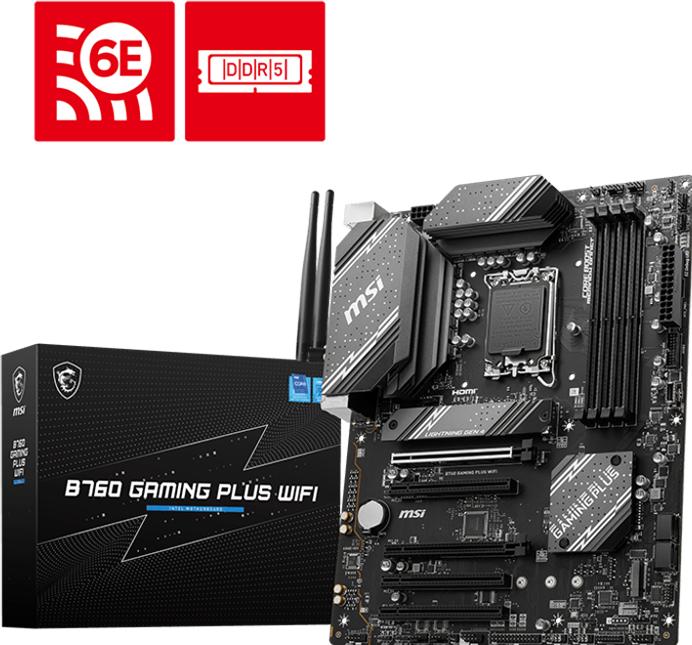 Actual product image MSI B760 GAMING PLUS WIFI LGA1700 mATX MB 4xDDR5 4xSATA 2xM.2 (LGA 1700, Intel B760, ATX)
