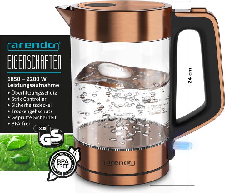 Produktbild Arendo Frühstücks Set, Glas Wasserkocher 1,7l 2200W & 2-Scheiben Langschlitz Toaster, Edelstahl, Kupfer (1.70 l)