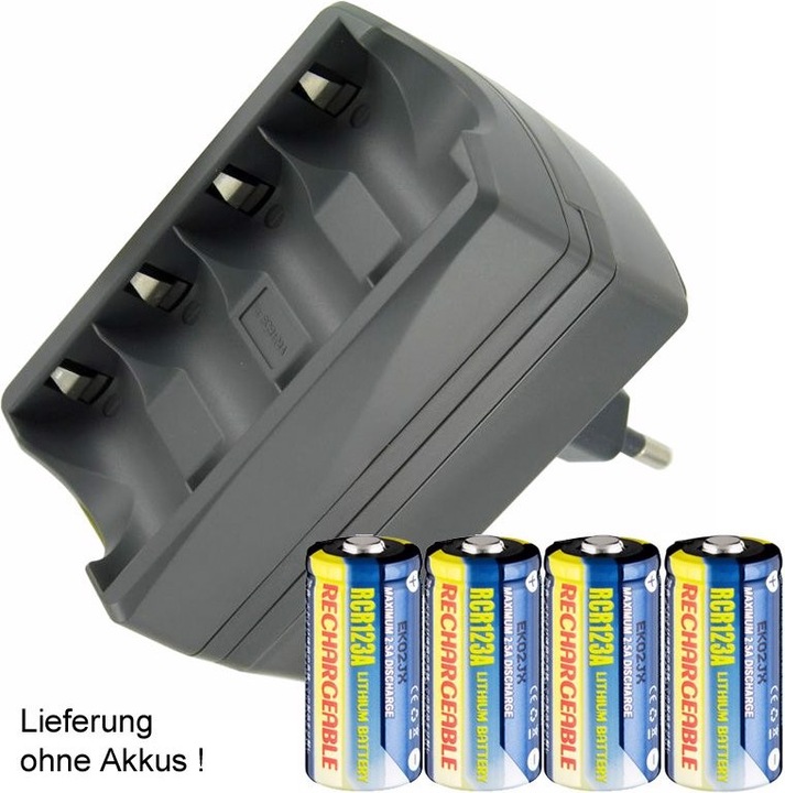 Actual product image AccuCell CR123 charger for 4x CR123A, CR123R without rechargeable batteries, quadruple CR123 charger (not (4 pcs., RCR123A, Chargers without battery)