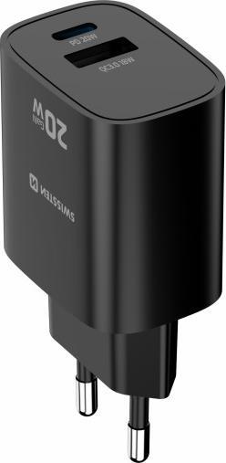 Produktbild Swissten Travel Charger Edge GaN 1x USB-C PD 20W + 1x USB-A 18W QC - Black (20 W, 2 Ports)