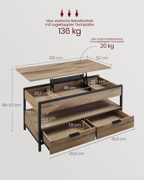 Image du produit Vasagle Table basse réglable en hauteur (100 x 50 x 48 cm)
