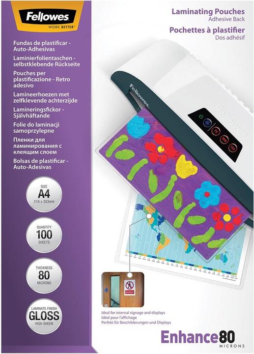 Produktbild Fellowes Laminierfolie A4, 80 µm, 100 Stück, Glänzend, Selbstklebend (A4, 100 Stk., 80 µm)