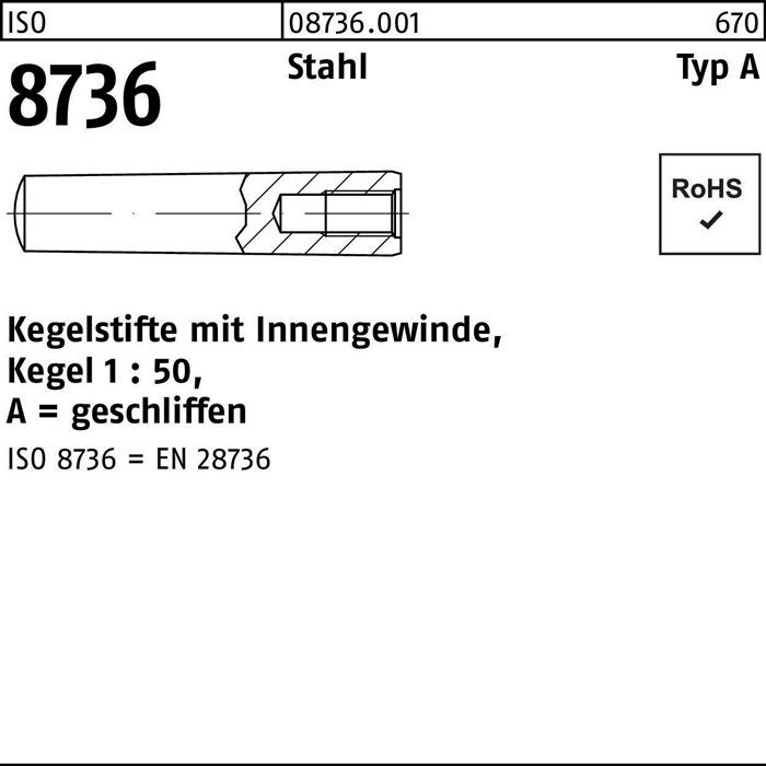 Actual product image Taper pin ISO 8736 w.female thread A 8 x 36 steel taper 1:50 ISO 8736 (10 Screws per piece)