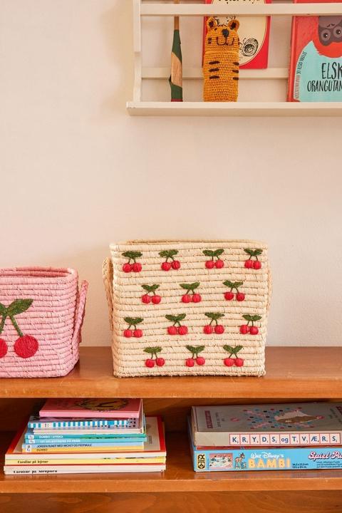Productafbeelding Rice - Raffia Square Basket with Small Cherries Embroidery - Red - 30 cm x 30 cm x 25 cm