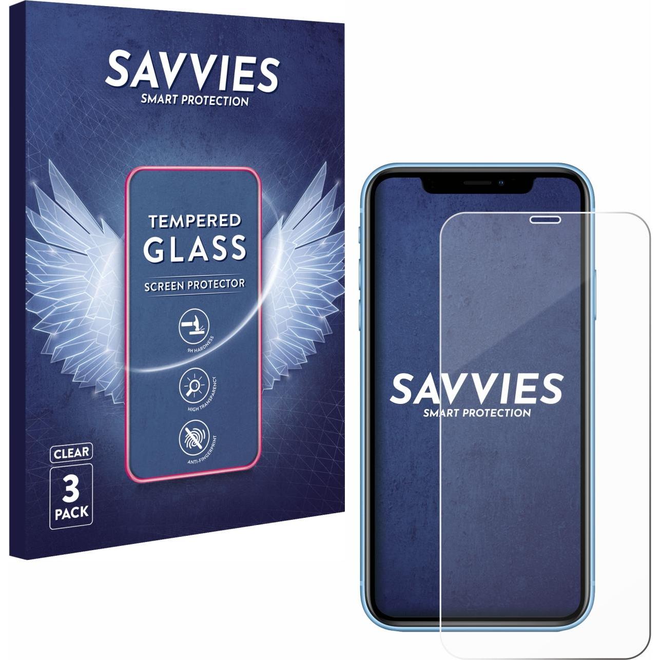 Savvies Panzerglas Hartglas Displayschutz (3 Stück, Apple iPhone XR), Smartphone Schutzfolie, Transparent