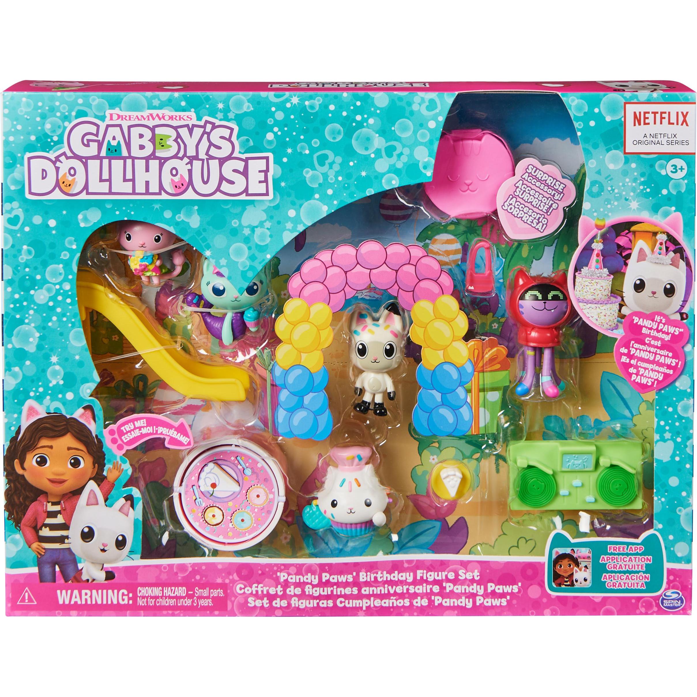 Spin Master Gabby's Dollhouse, Panda Pfötchens Geburtstagsset mit 5 Katzenfiguren, 3 Möbelstücken und weiterem Z (6069141)