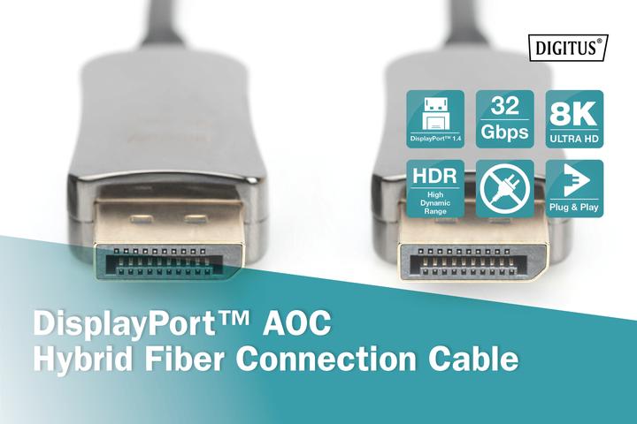 Actual product image Digitus DisplayPort™ AOC Hybrid Fiber Optic Cable, UHD 8K, 15 m (15 m, DisplayPort, 1.4)
