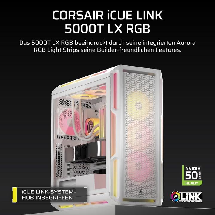 Produktbild Corsair Geh Midi 5000T LX RGB (Tempered Glass) White (ATX, E-ATX, mATX, Mini-ITX)