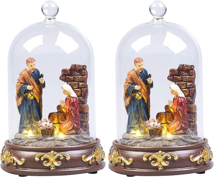 Lunartec 2er-Set Weihnachtskrippen mit Glasglocke und LED-Beleuchtung, handbemalt