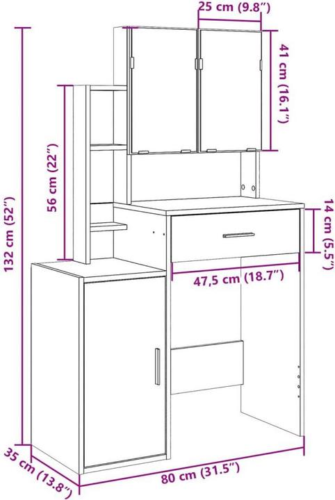 Image du produit vidaXL Coiffeuse avec armoire -Chêne (80 x 35 x 132 cm)