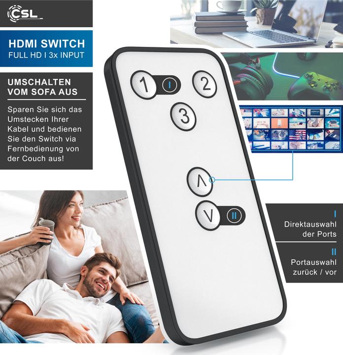 Actual product image CSL 3 port HDMI switch, audio / video distributor with amplifier, 3D, Full HD, incl. remote control