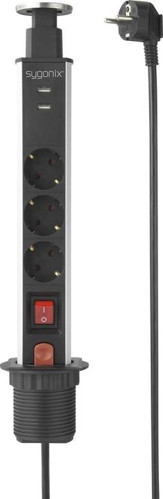 Actual product image Sygonix SY-4755590 Multiple socket outlet with switch Black Silver Earth contact 1 pc. (3 x, CEE 7/3, 1.40 m)