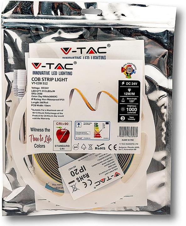 Produktbild V-TAC LED-Strip VT-COB 521, 5m IP20, 24 V, 90RA, 4000K (Neutralweiss, 500 cm, Indoor)