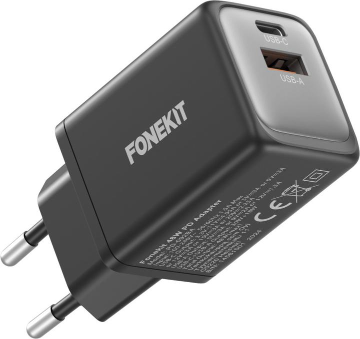 Produktbild FoneKit 48W GaN PD Power Adapter, USB-C + USB-A, black (48 W, 2 Ports)
