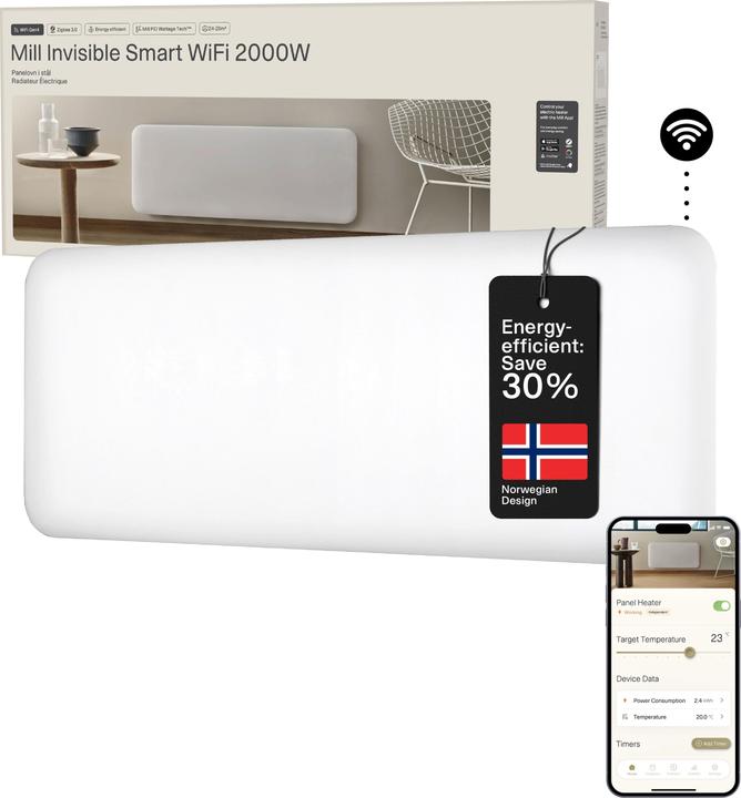 Actual product image Mill Invisible Smart WiFi PanelHeater 2000W