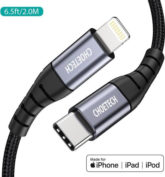 Image du produit Choetech Cordon de charge Type-C vers Lightning MFI Nylon 2m -Noir (2 m, USB 2.0, 20 W)